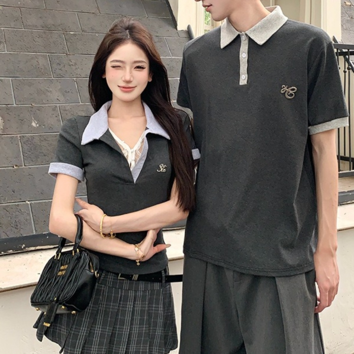 カップルペアルック クラシックグレー バイカラーポロトップス